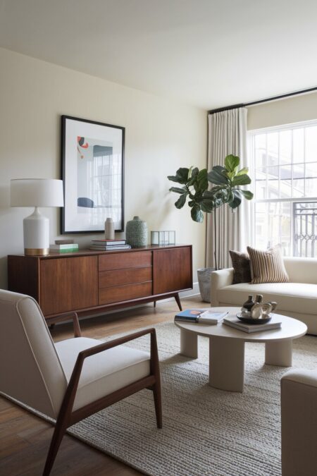eclectic living room with a wooden mid-century credenza and a streamlined modern cream sofa