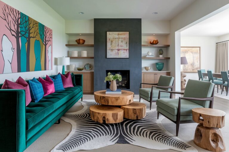 eclectic living room with a fireplace, an emerald green velvet sofa, a zebra-pattern rug, muted light green accent chairs, wooden coffee and side table