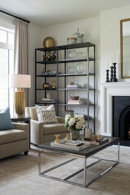 eclectic living room with brass lamp base, black iron shelving, chrome coffee table base, and gray armchairs
