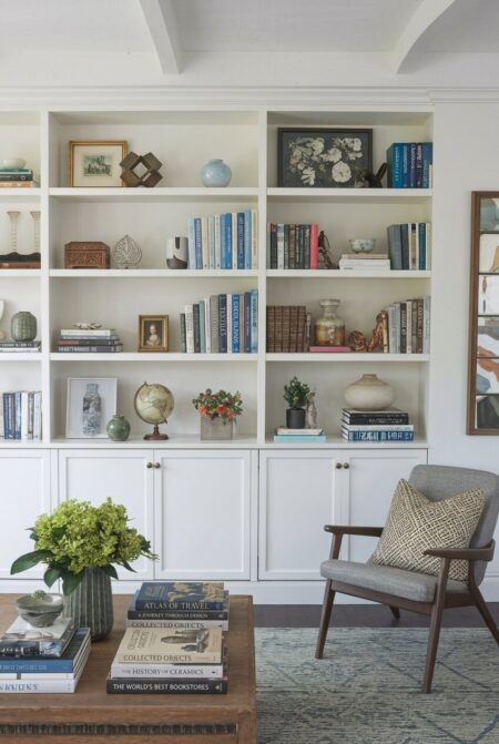 eclectic living room with built-in shelving full of books, decor, and souvenirs