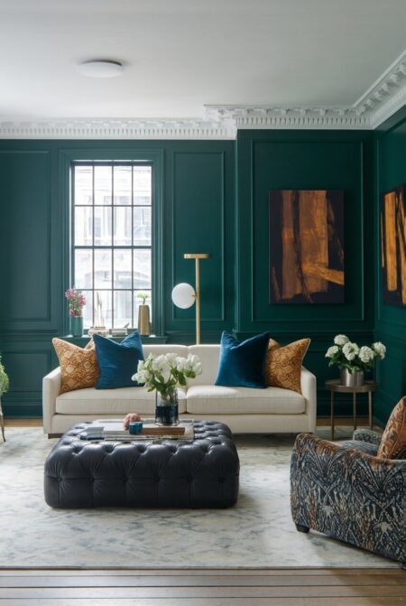 eclectic living room with emerald green walls, a cream sofa with velvet pillows, and a black tufted ottoman