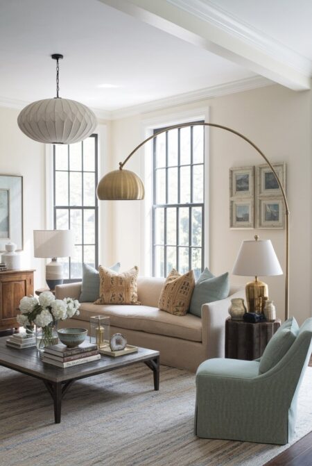 eclectic living room with layered lighting, a beige sofa, and vintage decor