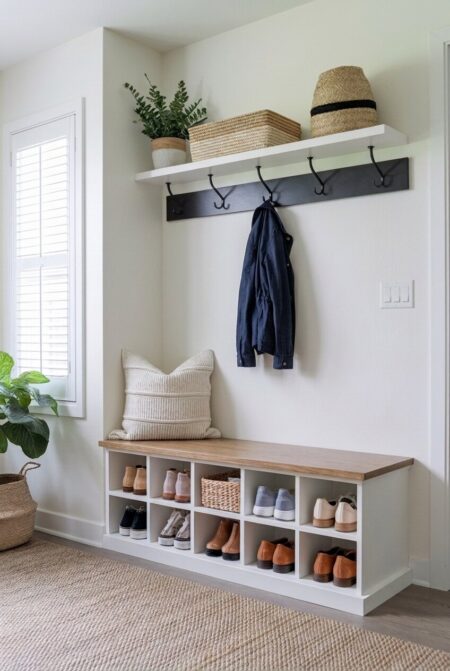 entryway bench with shoe cubbies and a row of hooks above