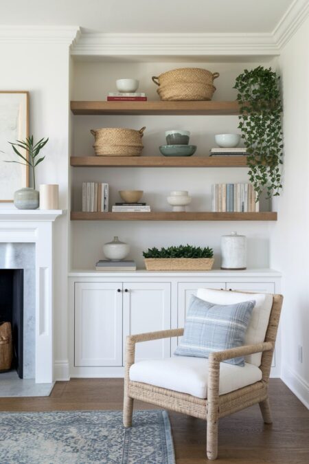 farmhouse living room has wooden open shelves with books, pottery, and woven baskets