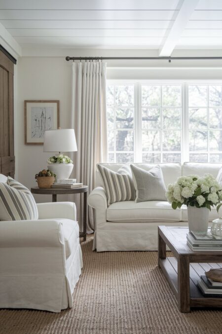 farmhouse living room with a cream slipcovered sofa with rolled arms, gray striped pillows, and a jute rug