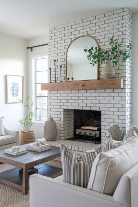 farmhouse living room with a whitewashed brick fireplace and reclaimed wood mantel with a few candlesticks
