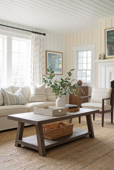farmhouse living room with a wooden trestle style coffee table and a cream accent wall
