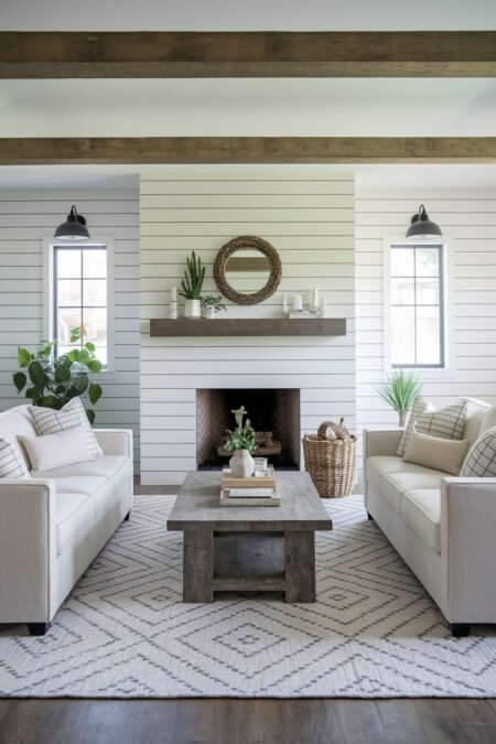 farmhouse living room with a shiplap accent wall behind a fireplace, a wooden mantel, and a wooden coffee table