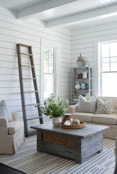 farmhouse living room with shiplap walls, a reclaimed wood coffee table, and an old wooden ladder