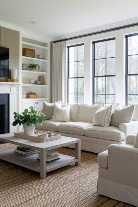 farmhouse living room with taupe or greige walls, neutral palette, and black window frames