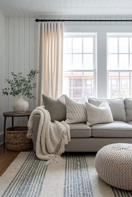 farmhouse living room with vertical shiplap, a gray sofa, nubby wool pillows, a wool rug, and a woven pouf
