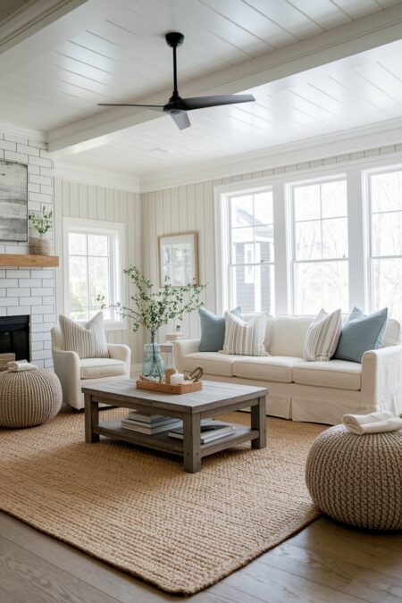 farmhouse living room with vertical shiplap, a jute rug, and a black ceiling fan