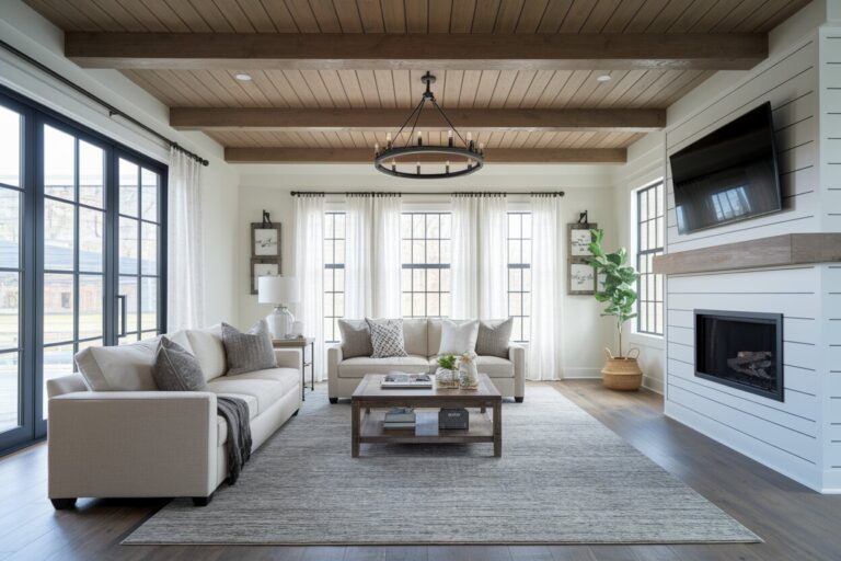 11 Farmhouse Living Room Ideas Built for Cozy Family Gatherings farmhouse living room with wood plank ceiling, a wagon wheel chandelier, two sofas, and a TV