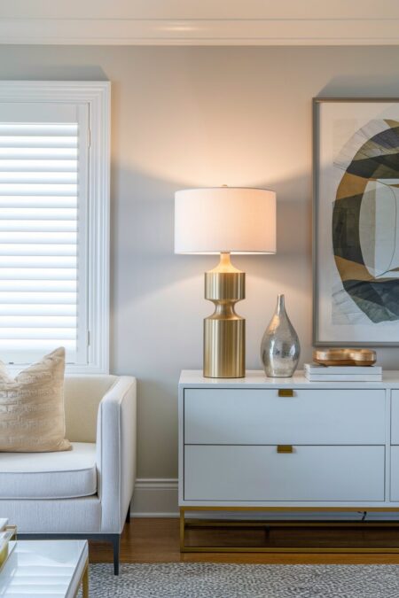 feminine living room with a brass and gold decor on a white console table with drawers