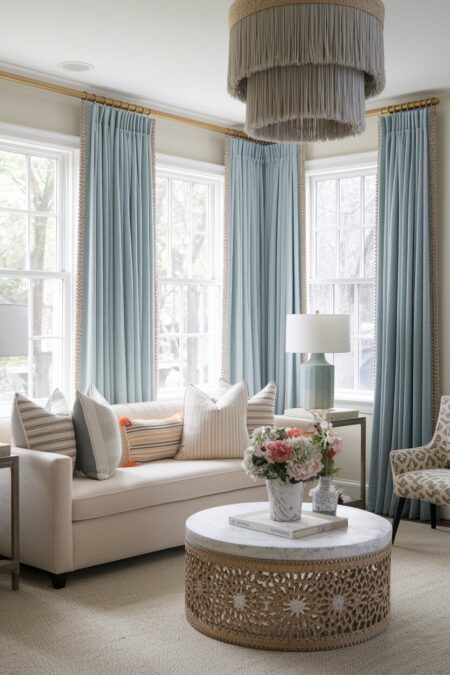 feminine living room with a fringed lampshade, a tasseled throw pillow, and blue curtains