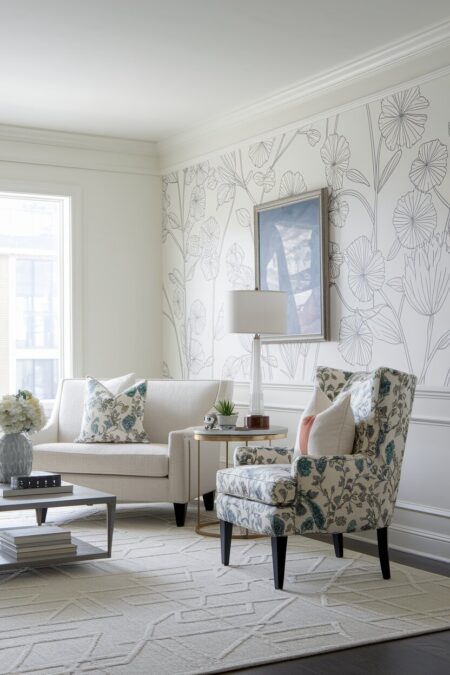 feminine living room with a loveseat sofa, floral wallpaper, and botanical pattern accent chair