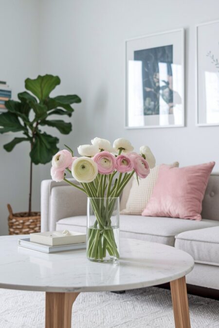 feminine living room with a simple glass vase of ranunculus on the white coffee table