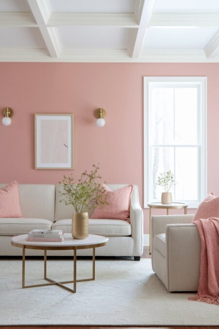 feminine living room with a soft blush accent wall, neutral seating, and brass accents