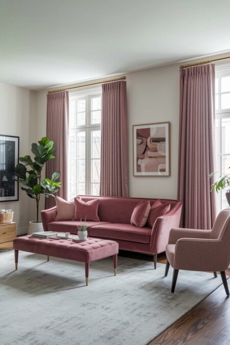 feminine living room with white walls, a dusty rose velvet sofa, and dusty pink curtains
