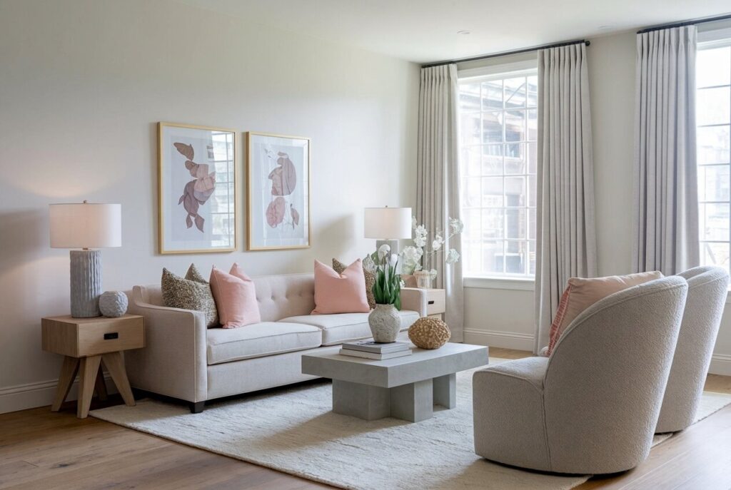 10 Feminine Living Room Ideas That Redefine Soft Elegance feminine living room with white walls, curved-back chairs, gray and pink decorative accents