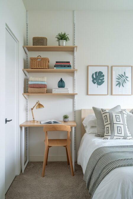 floating shelves and desk next to the bed in the small bedroom