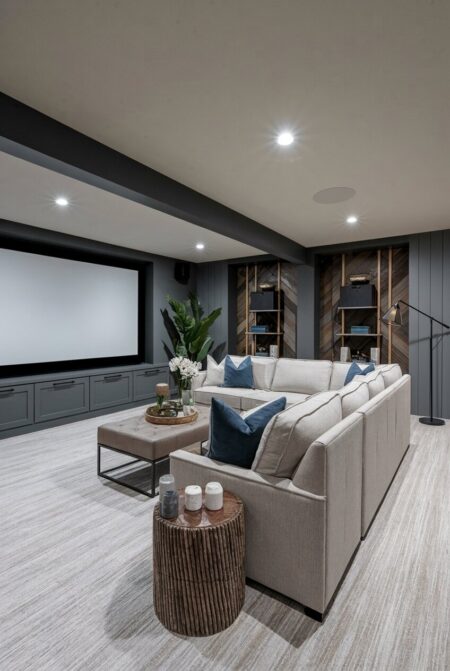 gray basement living room with a large sectional and a big projector screen