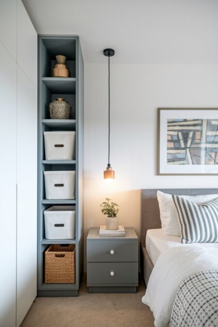 gray tall narrow bookcase with fabric storage bins next to the nightstand in the small bedroom