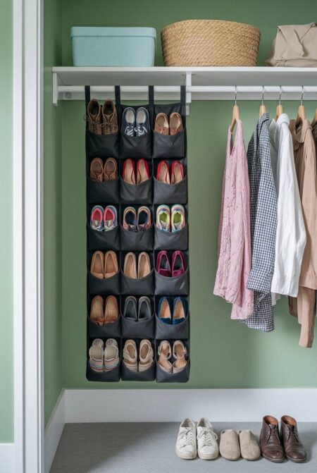 hanging fabric shoe bags hung on the rod in the reach-in closet