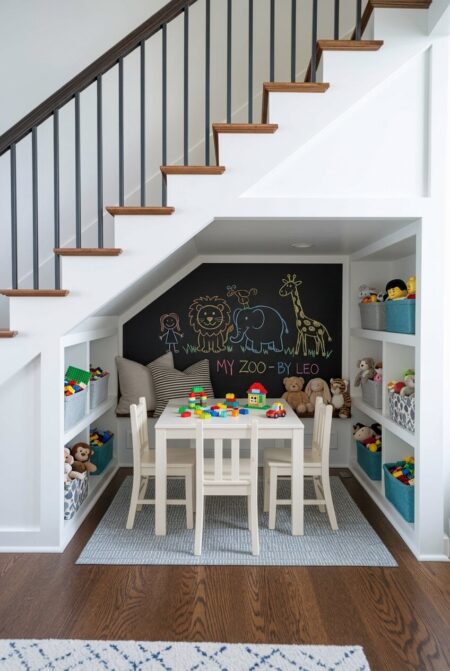 kids' play corner under the stairs with a chalkboard, a small table, and built-in shelves for toys