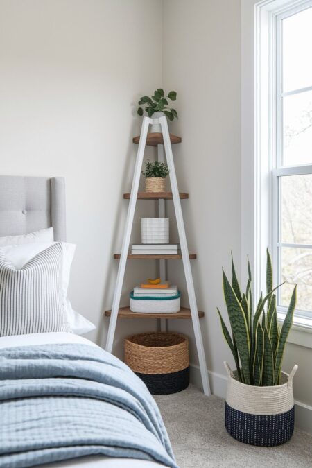 ladder-style corner shelf in the light small bedroom
