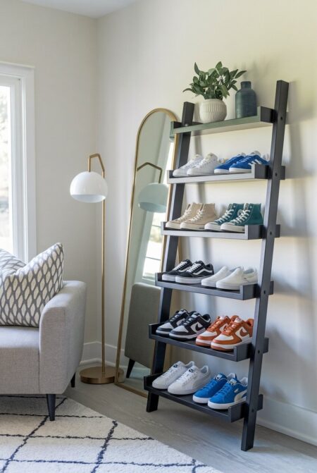 ladder-style open shelving with shoes next to the floor mirror