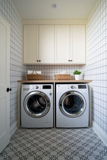 laundry room with cream wall-mounted cabinets and square white wall tile