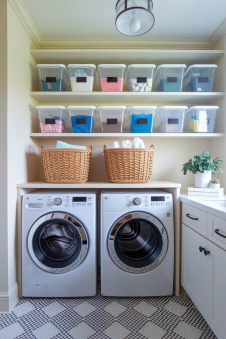 laundry room with labeled clear plastic storage bins