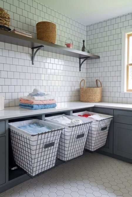 laundry room with pull-out wire laundry baskets and a floating shelf