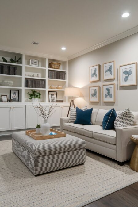 light basement living room with a storage ottoman, built-in shelving, and navy blue accent pillows