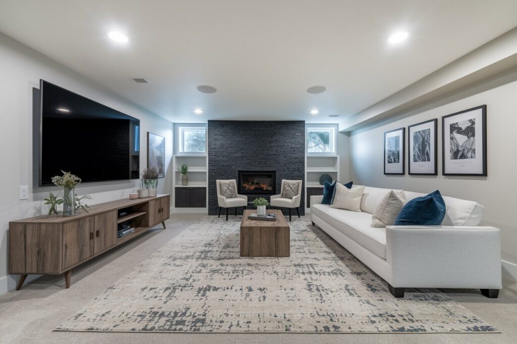 10 Basement Living Room Ideas with Major Cozy Vibes light basement living room with two windows, wooden TV console, an electric fireplace, and a TV