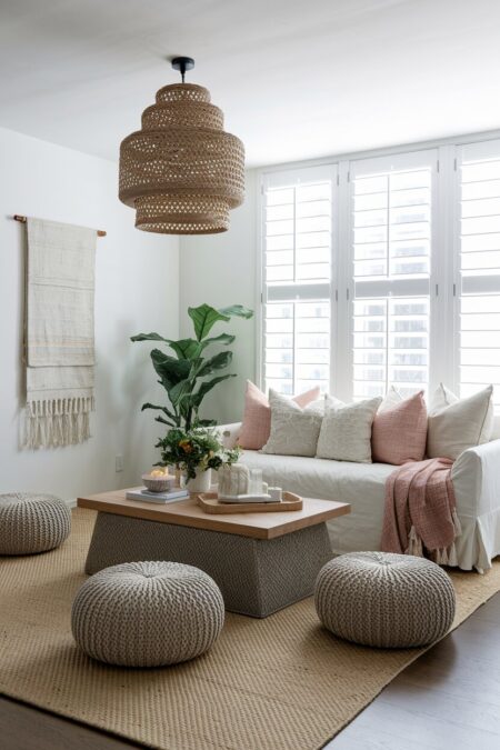 light boho living room with a slipcovered sofa and low poufs around a coffee table