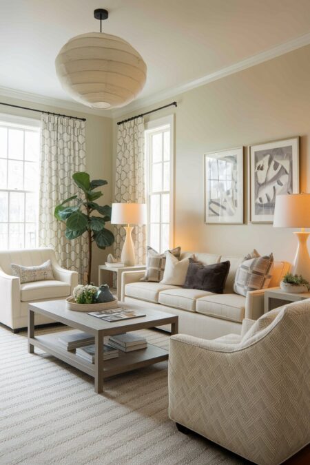 light cozy living room with warm, soft lighting
