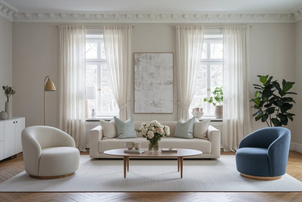 10 Romantic Living Room Ideas for Instant Charm light romantic living room with cream seating, a muted blue accent curved-back armchair, and a brass floor lamp