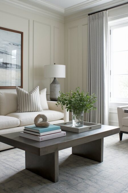 luxury living room has cream walls with moldings, a dark wooden coffee table with stack of books and a glass vase of fresh greenery