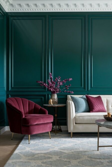 luxury living room has emerald walls with moldings, a cream sofa, a burgundy accent chair and pillow