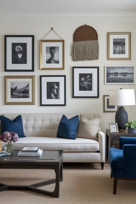 luxury living room with a gallery wall, a navy blue accent chair and pillows