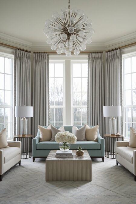 luxury living room with a statement chandelier of hand blown glass