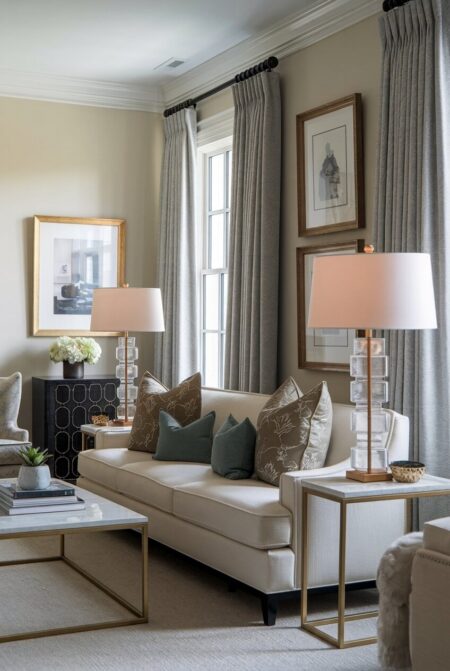 luxury living room with brass coffee and side table frames, glass table lamp bases