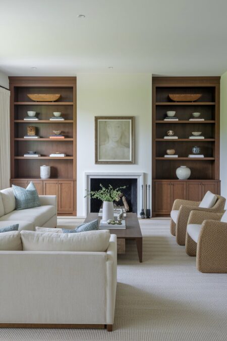 luxury living room with built-in wood shelving flanking a fireplace