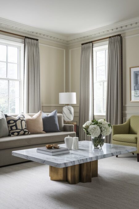 luxury living room with cream walls, a white marble coffee table, a gray sofa, and a green accent chair
