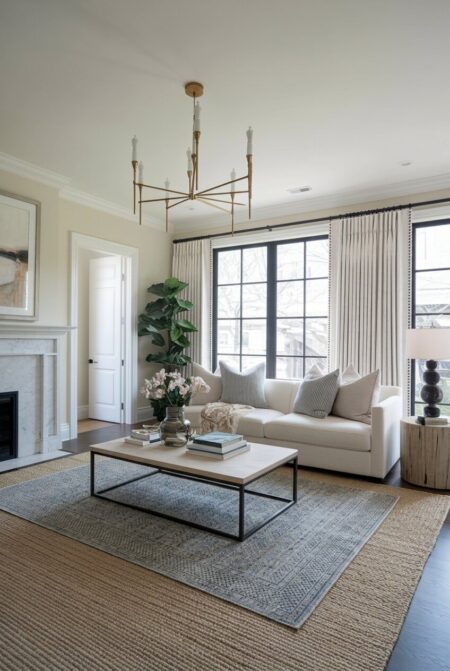 luxury living room with cream walls and a gray patterned rug layered over the jute rug