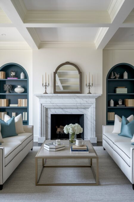luxury living room with dark built-in arched shelving and marble fireplace surround