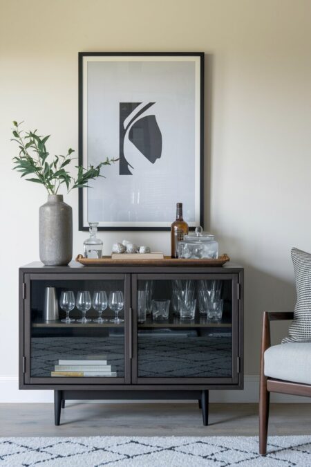 masculine living room has a dark sideboard with grass doors and glassware inside