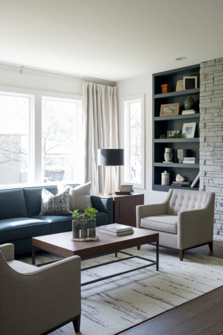 masculine living room has seating with square arms, a coffee and side tables with sharp lines